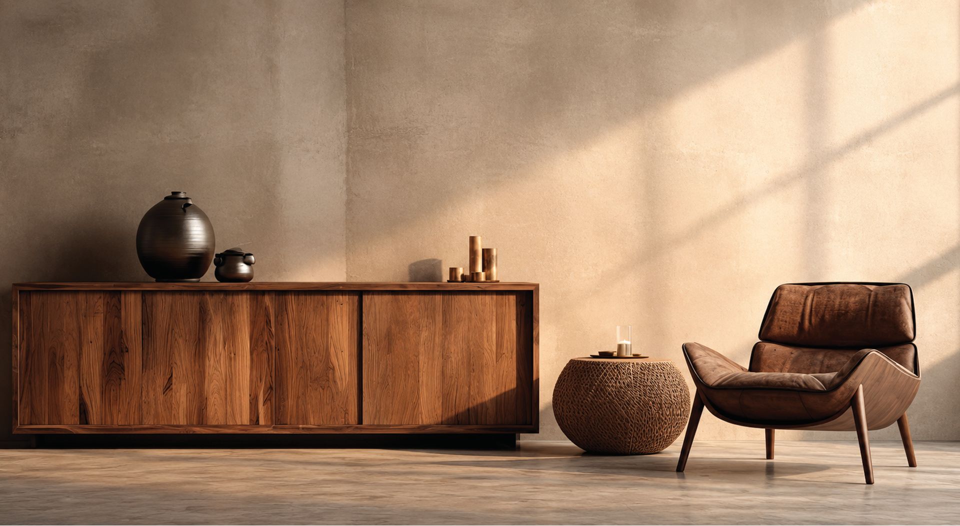 A walnut sideboard holding dark ceramic vessels and candles, beside a woven jute pouffe and a leather lounge chair, in a sunlit room with bare plaster walls.