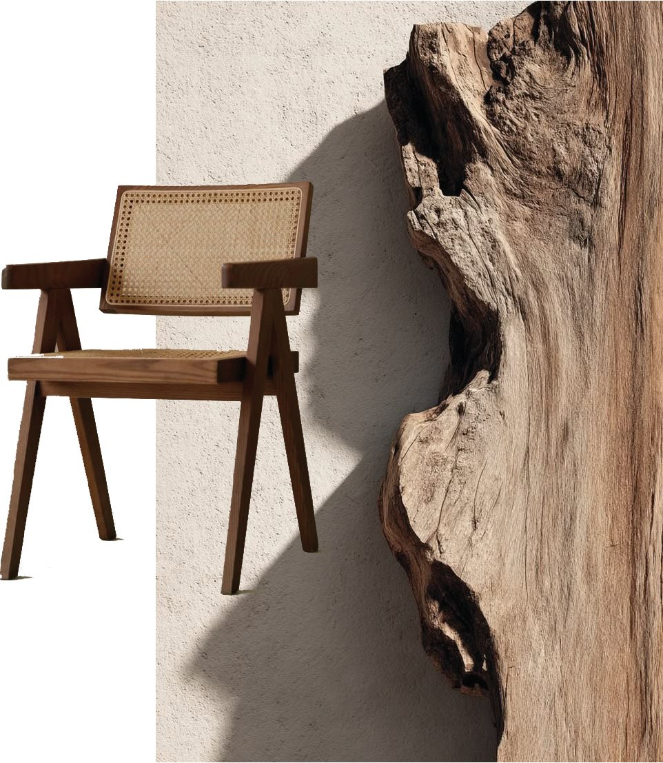 A teak and cane armchair standing against a rough plaster wall, alongside a split section of weathered driftwood showing its open grain.