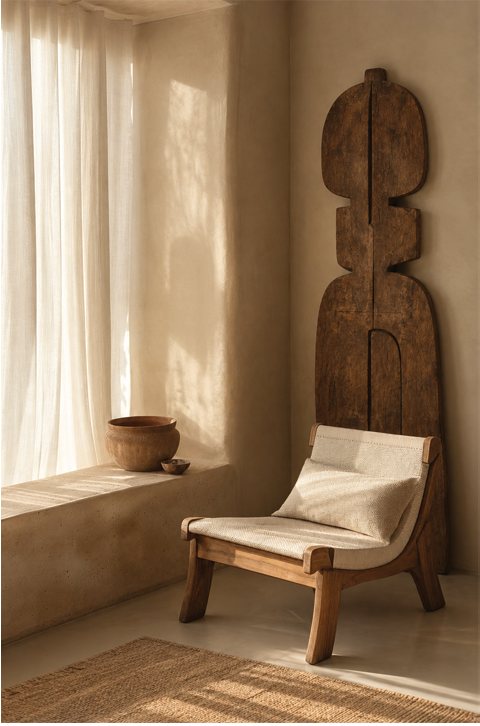 A carved wooden totem leaning against a plaster wall behind a low slung chair with a linen cushion, beside a terracotta pot.