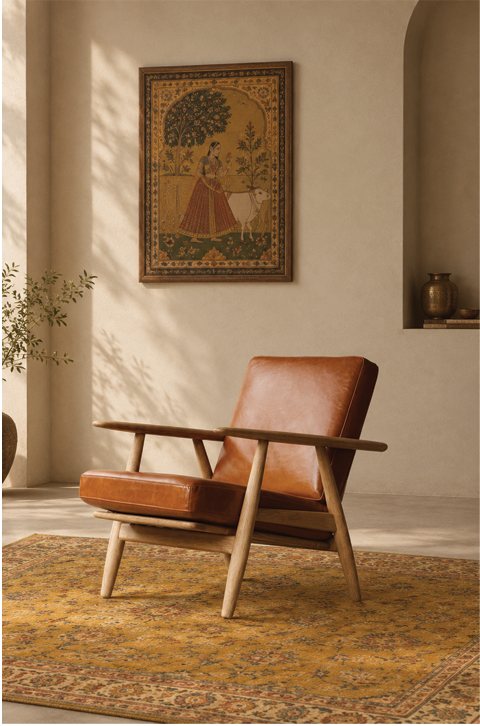 A tan leather and wood armchair on an ochre rug, below a framed Pichwai painting, beside an arched niche holding a small pot.
