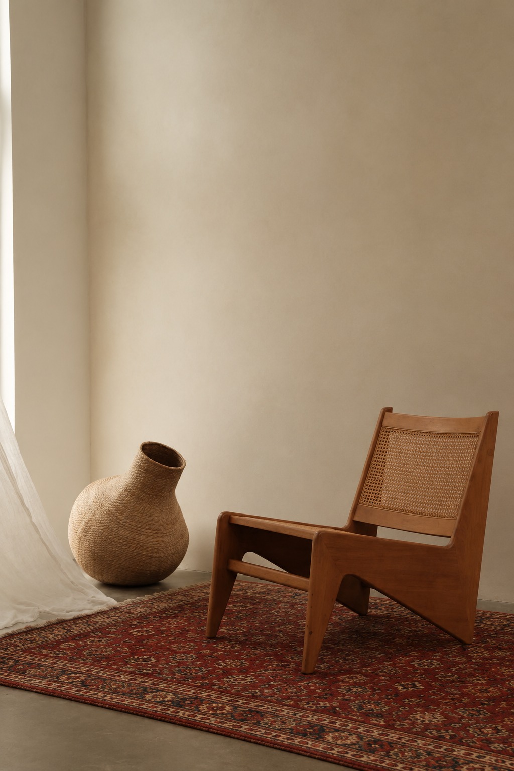 A cane-backed teak lounge chair beside a woven jute vessel, on a worn Persian rug in a bare, sunlit room.